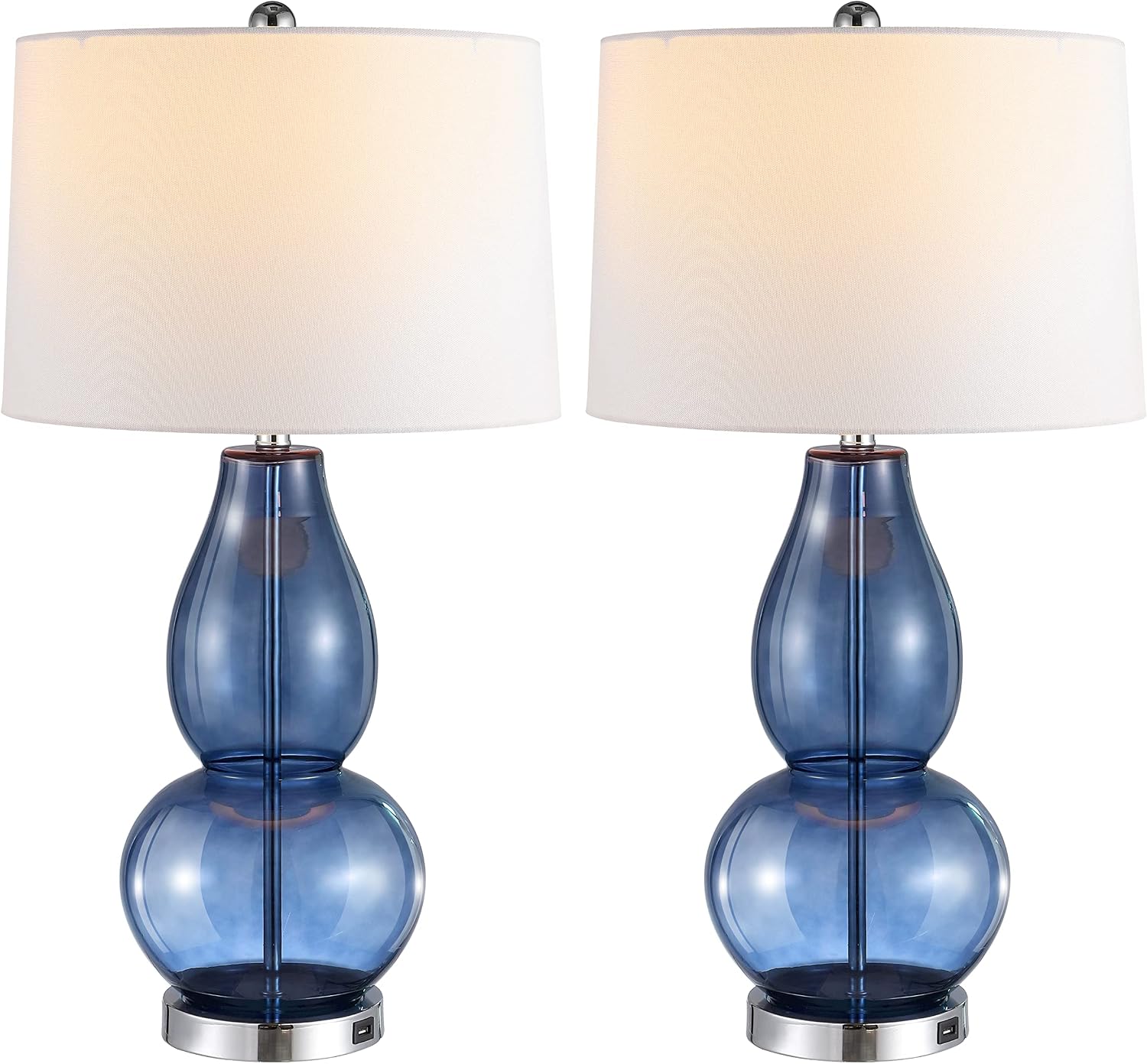 SAFAVIEH Lighting Collection Mercurio Blue Glass Double Gourd 28-inch Table Lamp Set of 2 with USB Charging Port (LED Bulbs Included)