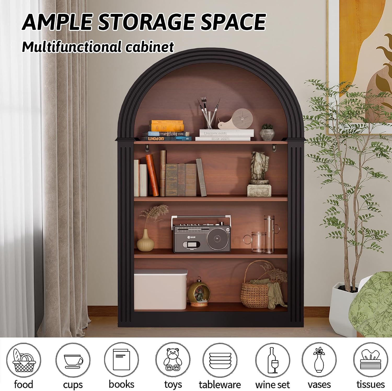 Black Arched Bookcase,Short Wide Bookshelf,Short Corner Bookshelf,Arched Display Cabinet with Open Shelf for Bedroom, Living Room
