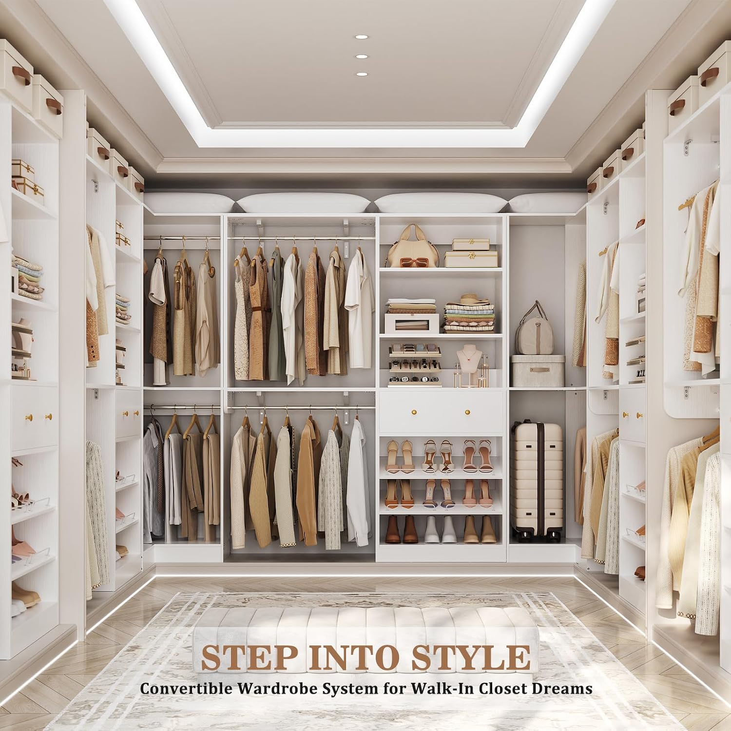 Armocity Closet System Set of 3 - Corner Closet Organizer System with 2 Drawers/16 Shelves/6 Hanging Rods, 151.1' L-Shaped Walk-In Wardrobe Organizer, 2800+ lbs Capacity, White