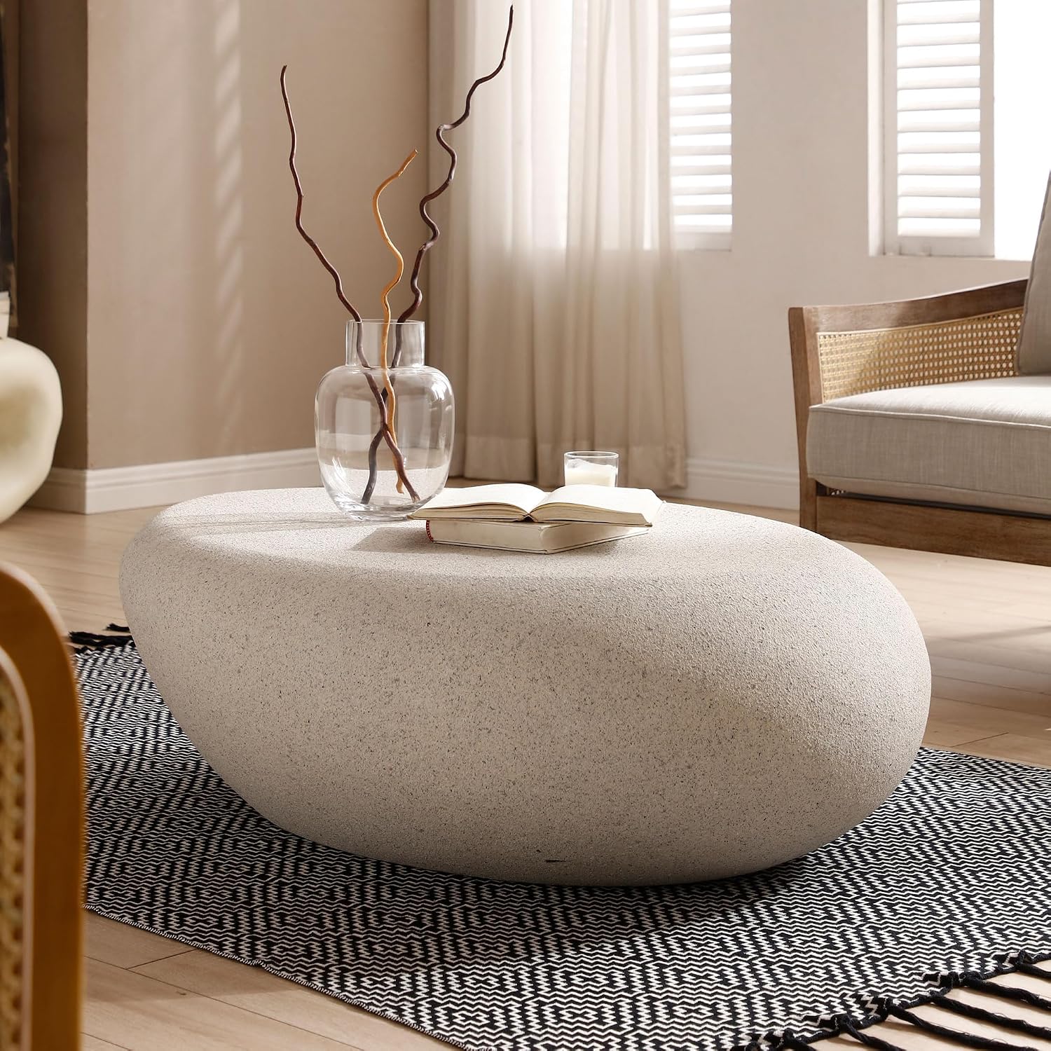 43.3' Fiberglass Elliptical Oval Vintage Coffee Table for Living Room,Irregular Center Matte Rocks Table Front of The Sofa,No Need Assembly,Cream White
