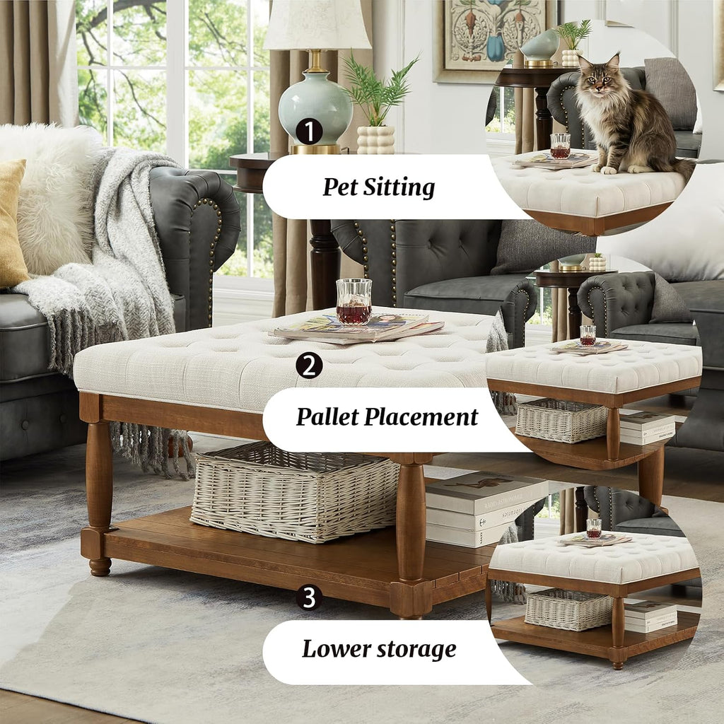 Ottoman Coffee Table, Upholstered Square Coffee Table with Storage Solid Wood Shelf, Linen Large Footrest Ottoman Pouf for Living Room, Ivory
