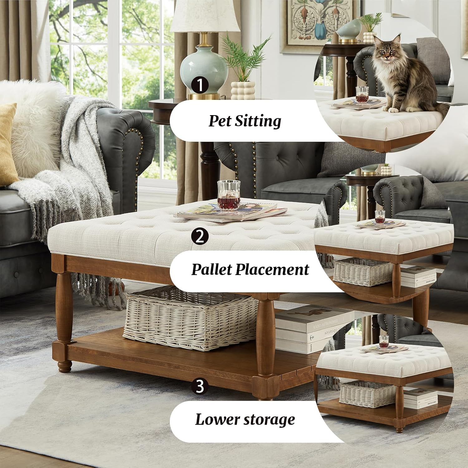 Ottoman Coffee Table, Upholstered Square Coffee Table with Storage Solid Wood Shelf, Linen Large Footrest Ottoman Pouf for Living Room, Ivory