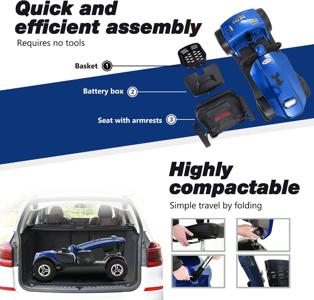 Mobility Scooter, 4 Wheels Outdoor Compact Mobility Scooters for Adults Seniors, Folding Mobility Scooter with USB Charger Port, Basket and Cup Holder, Sliding Swivel Seat, Blue