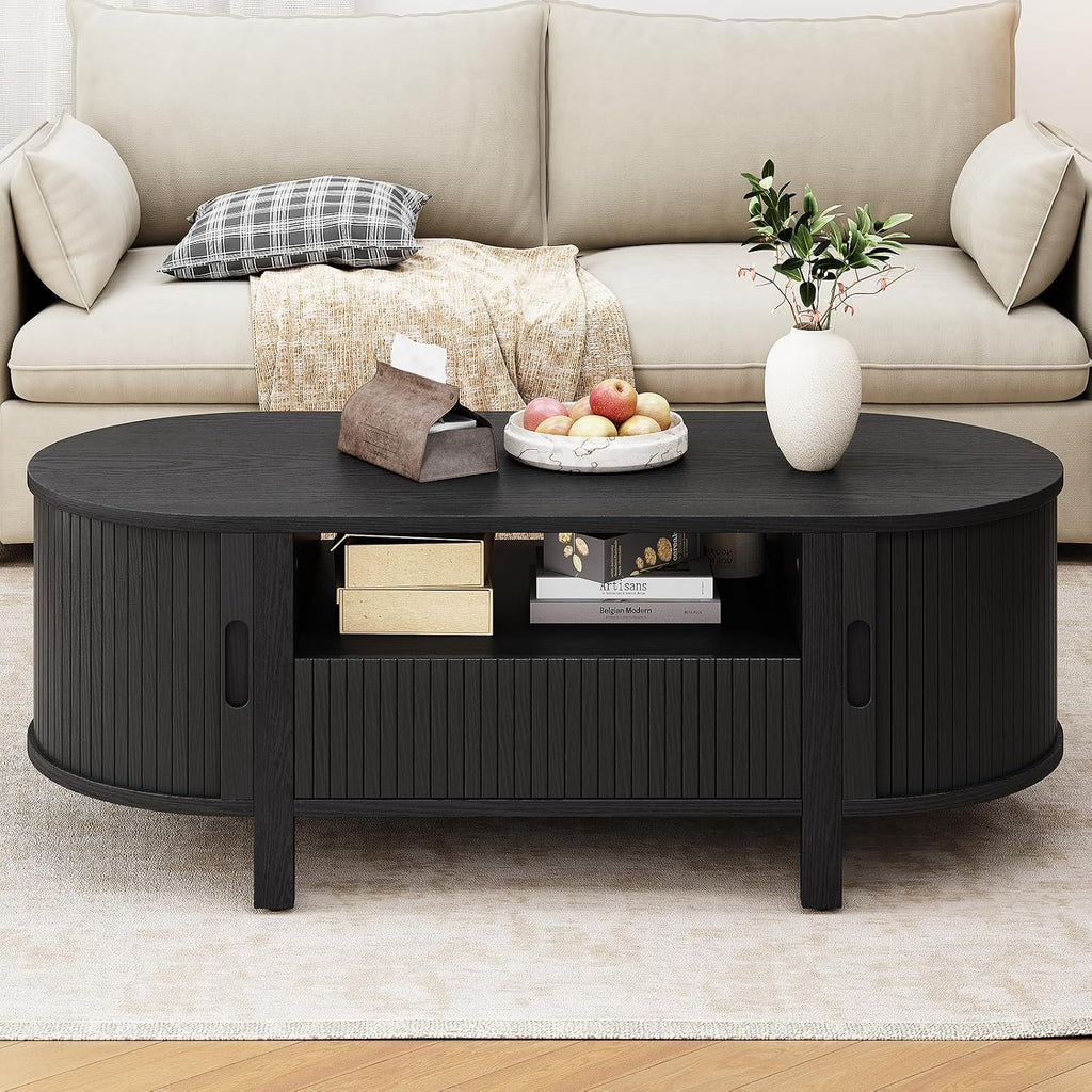 ONBRILL 47.2 Inch Oval Coffee Table with Storage, Mid Century Modern Coffee Table with Drawer, Center Table with Sliding Door and Wood Fluted Handle for Living Room, Black