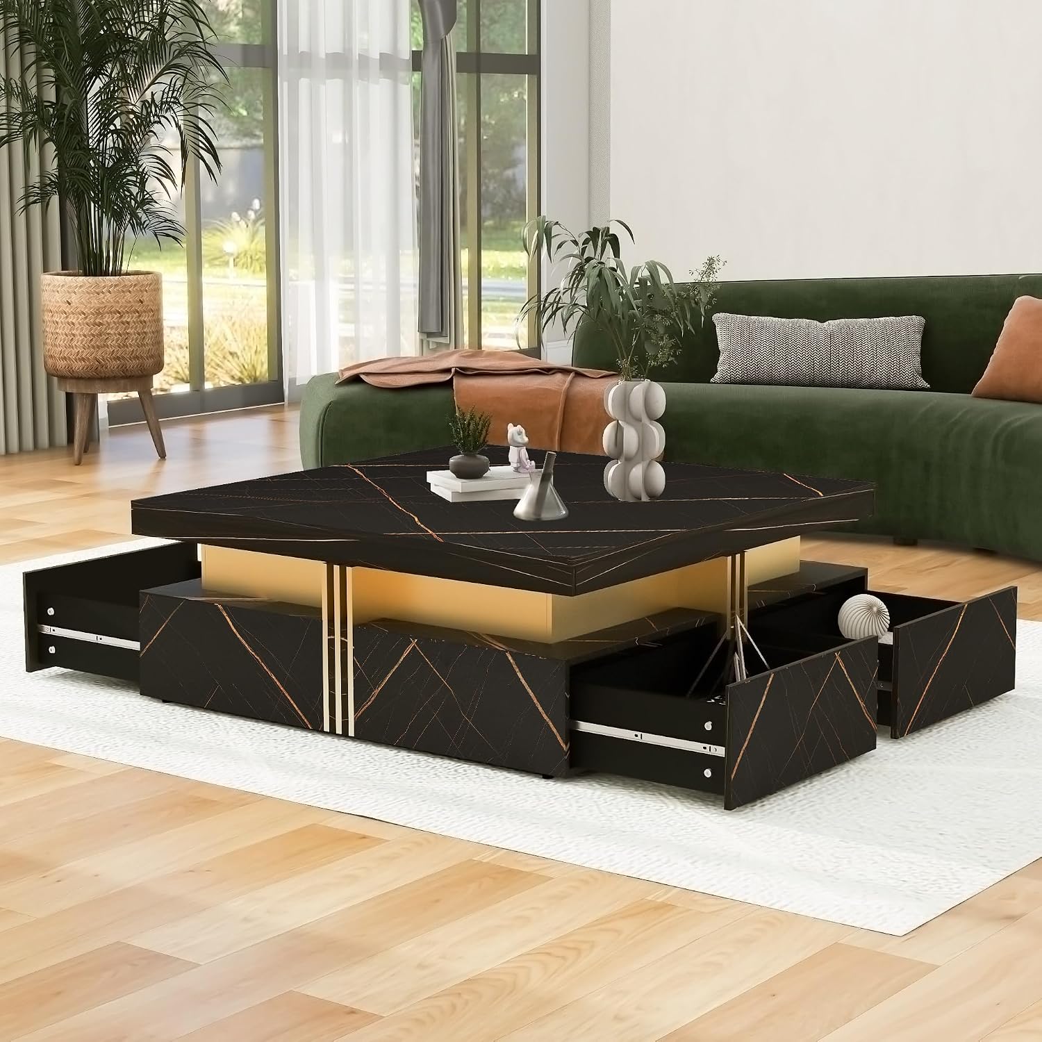Modern Black Square Storage Coffee Table with 4 Drawers for Living Room