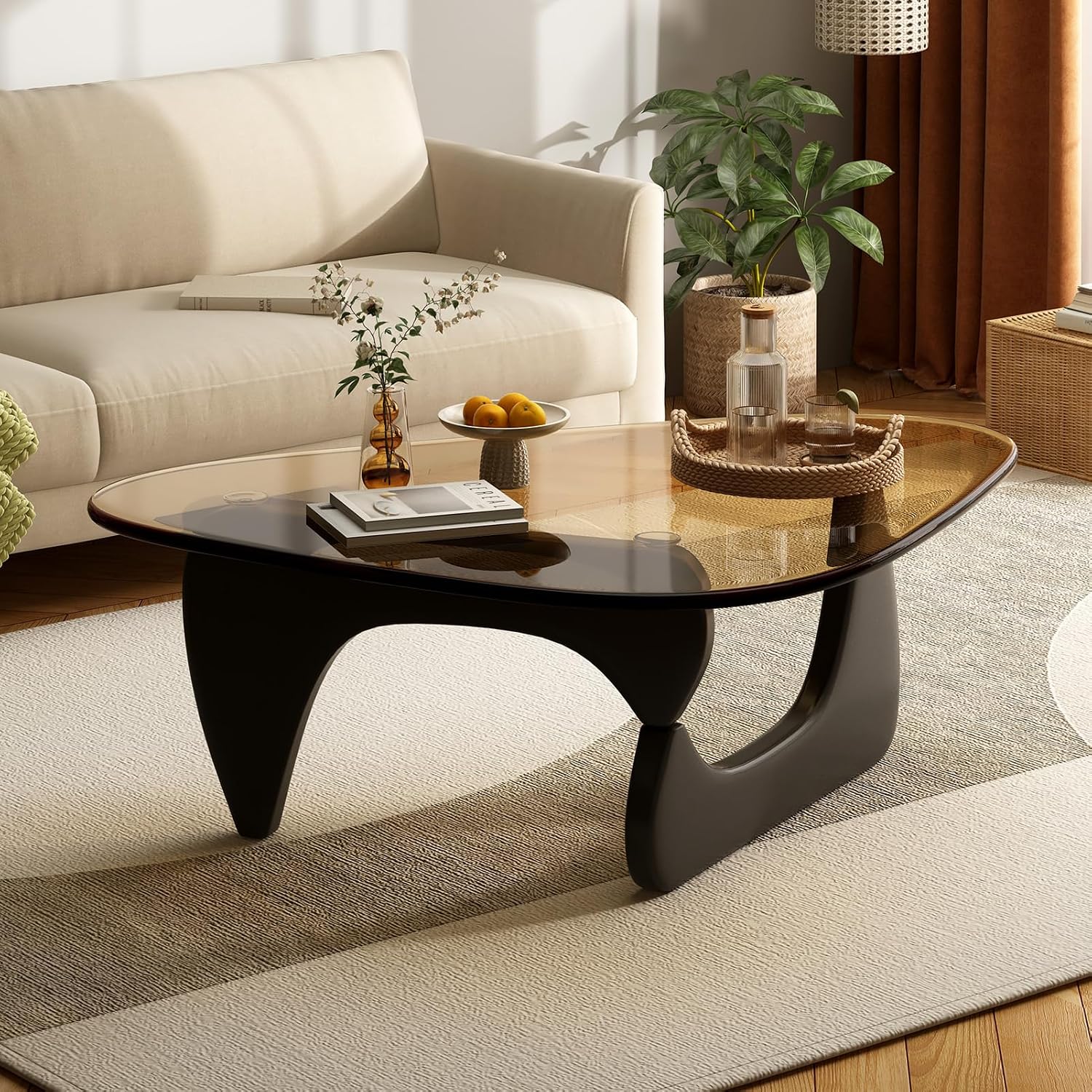 Coffee Table for Living Room Mid Century Modern Center Table with Glass Top and Wood, 36 Inch, Black Brown