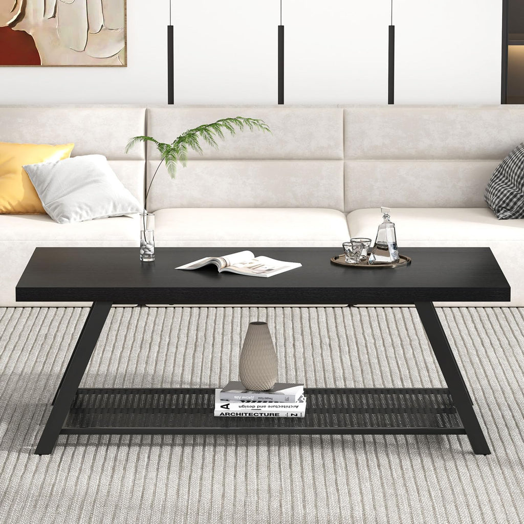 FOLUBAN Black Coffee Table with Storage, Modern Rustic Wood and Metal Coffee Tables for Living Room, 2-Tier Industrial Rectangle Cocktail Tea Table, 47 Inch
