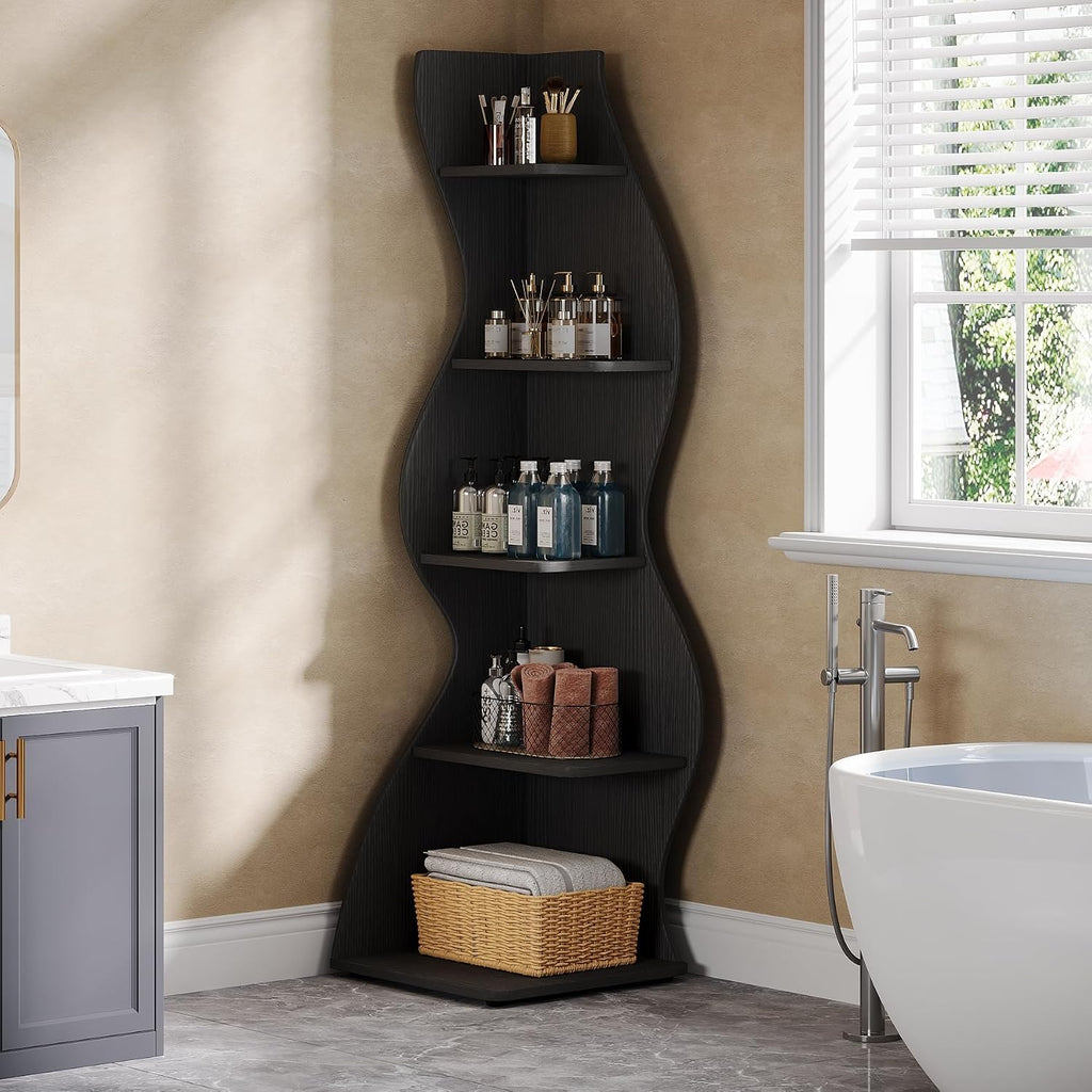 Tribesigns Wavy Corner Shelf Set of 2, Modern 5-Tier Bookshelf Etagere Bookcase with Curvy Shape, Unique Plant Stand Display Shelf for Living Room Small Space (Black)