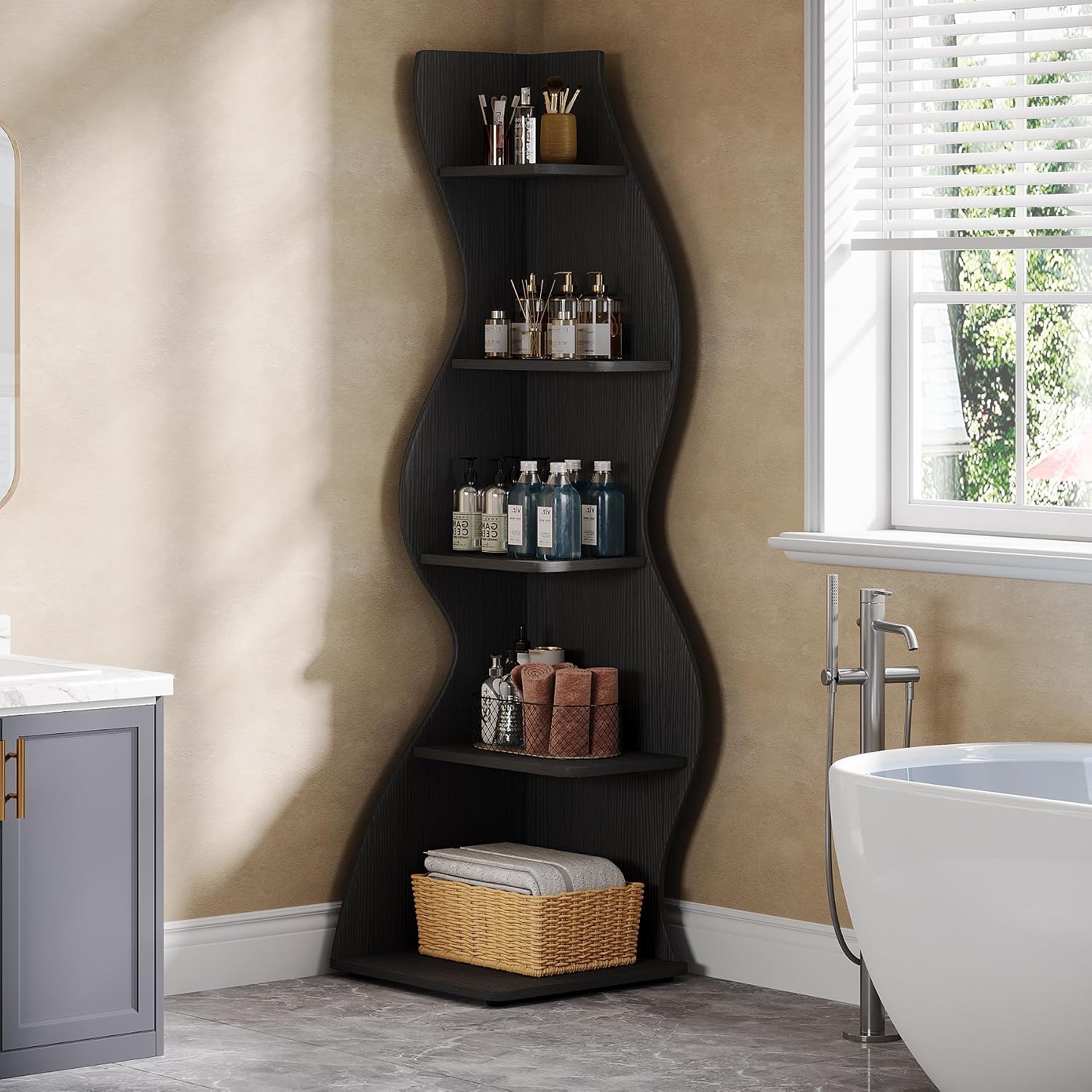 Tribesigns Wavy Corner Shelf Set of 2, Modern 5-Tier Bookshelf Etagere Bookcase with Curvy Shape, Unique Plant Stand Display Shelf for Living Room Small Space (Black)