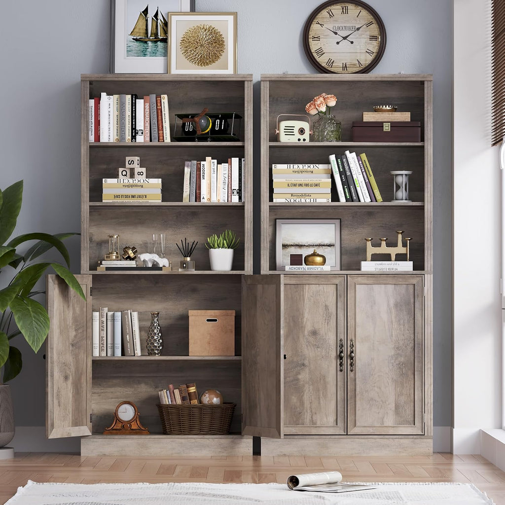 BORNOON 70.1' Tall Bookshelf with Cabinet, 5-Tier Floor Standing Bookcase with Doors & Adjustable Shelves, 31.5' Wide Storage Shelf, Metal Handles, Modern Organizer for Home Office, Living Room
