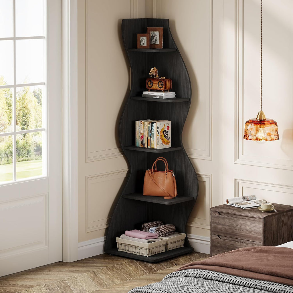 Tribesigns Wavy Corner Shelf Set of 2, Modern 5-Tier Bookshelf Etagere Bookcase with Curvy Shape, Unique Plant Stand Display Shelf for Living Room Small Space (Black)