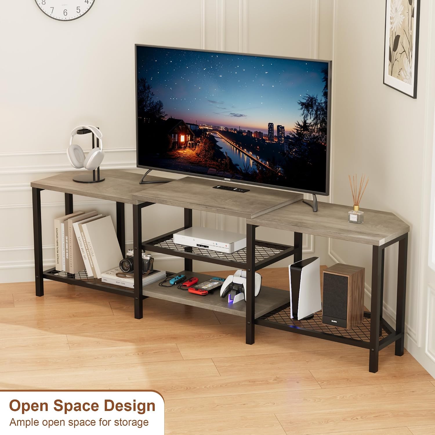 Corner TV Stand,with Power Outlets,Led Strip,67 Inch Large Entertainment Center,3-Tier Open Storage Shelves, Media TV Console Table for Living Room, Bedroom,Grey