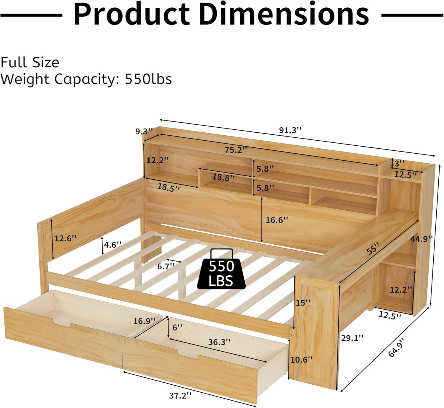 LUMISOL Full Size Daybed with Desk & Storage, Wooden Corner Bed Frame with Storage Drawers & Shelves for Living Room, Guest Room, No Box Spring Needed, Natural