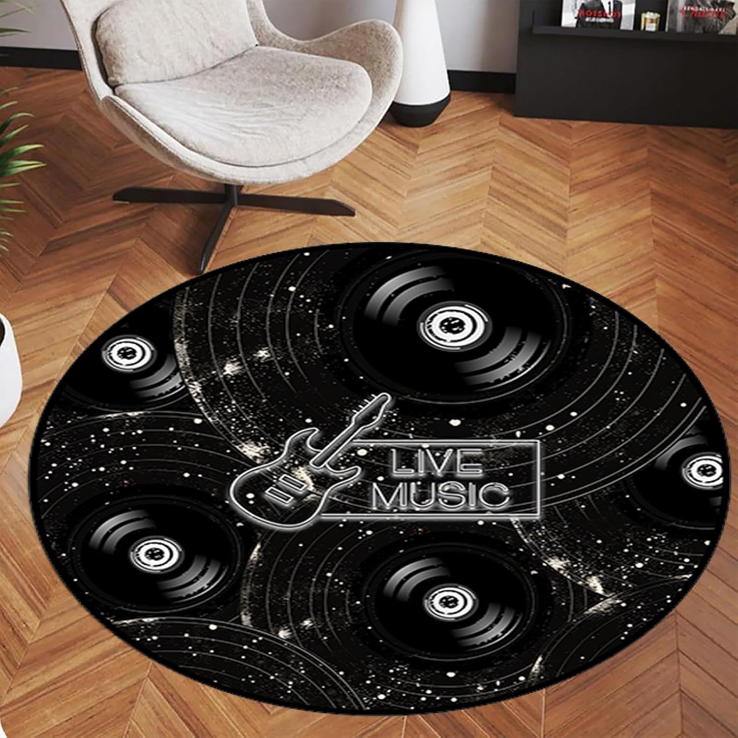 Vintage Music Vinyl Records Rug, 7ft, Non-Slip, Black and White, for Musical and Living Room