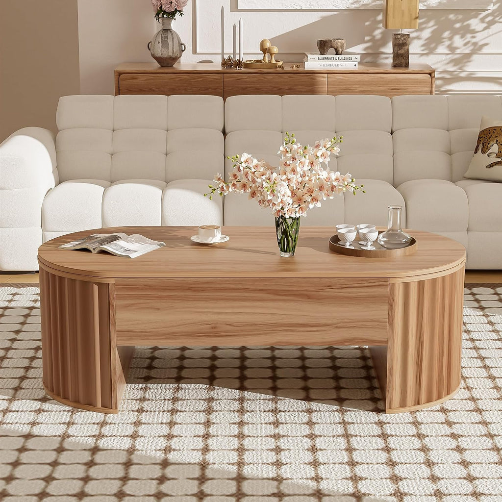 Oval Coffee Table with Lifting Top for Living Room Lift Up Coffee Table with Storage Modern Smart Coffee Tables with Lift Top Fluted Wooden Center Tables Light Brown 47.2'