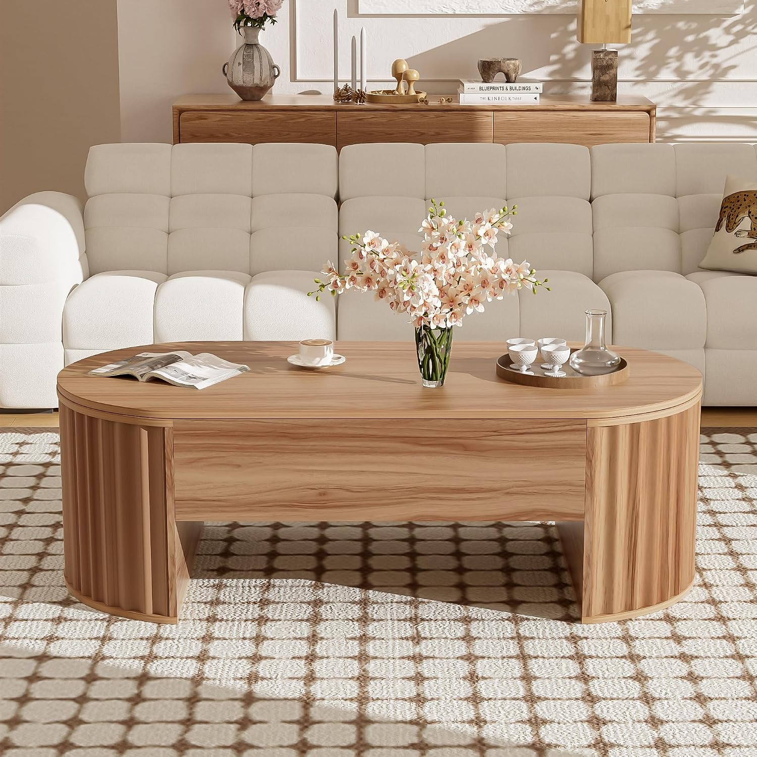 Oval Coffee Table with Lifting Top for Living Room Lift Up Coffee Table with Storage Modern Smart Coffee Tables with Lift Top Fluted Wooden Center Tables Light Brown 47.2'