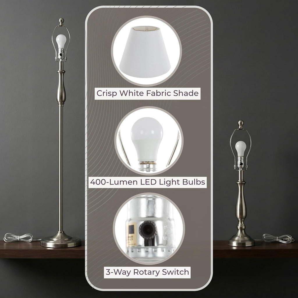 3-Piece Home Lighting Set - Coordinating Bundle with 2 Table Lamps and 1 Floor Lamp for Home and Office Decor by Lavish Home (Silver)