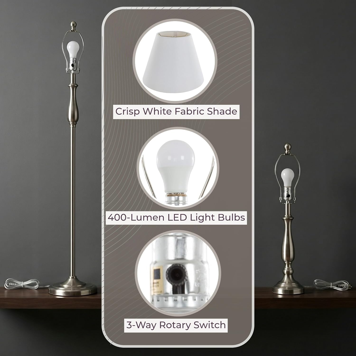 3-Piece Home Lighting Set - Coordinating Bundle with 2 Table Lamps and 1 Floor Lamp for Home and Office Decor by Lavish Home (Silver)