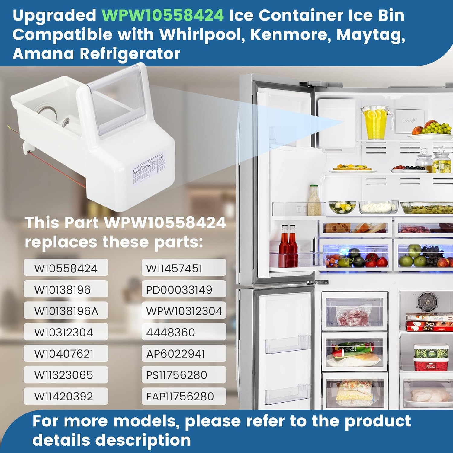 WPW10558424 for Whirlpool Ice Maker Replacement, Ice Bucket Assembly WPW10558424 Compatible with Whirlpool Kenmore Maytag Amana Refrigerator, WRS322FDAM04, WRS321SDHZ08, WRS321SDHZ05, WRS321SDHZ01