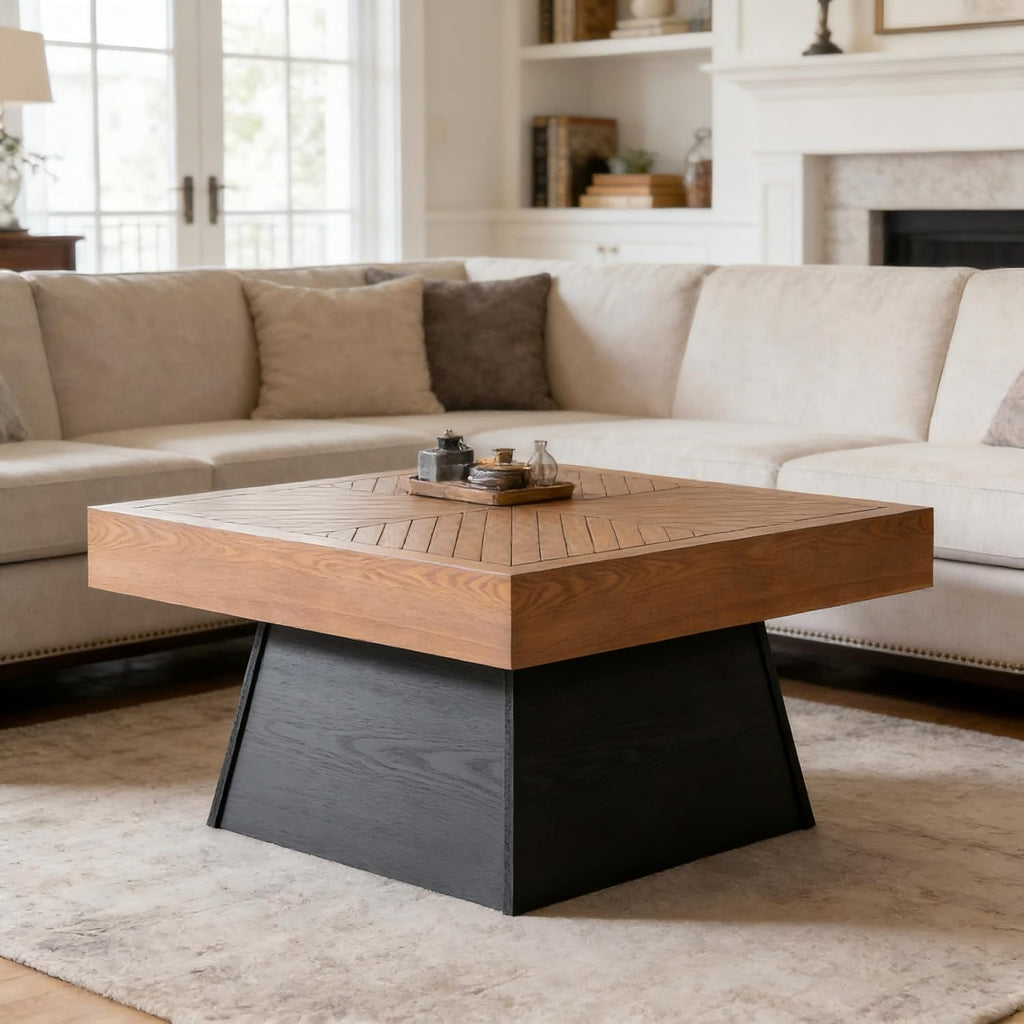 Merax Modern Square Coffee Table for Living Room,31.5 Inch Brown Wood Grain Top & Black Base, Mid-Century Farmhouse Style Center Accent Table,Brown