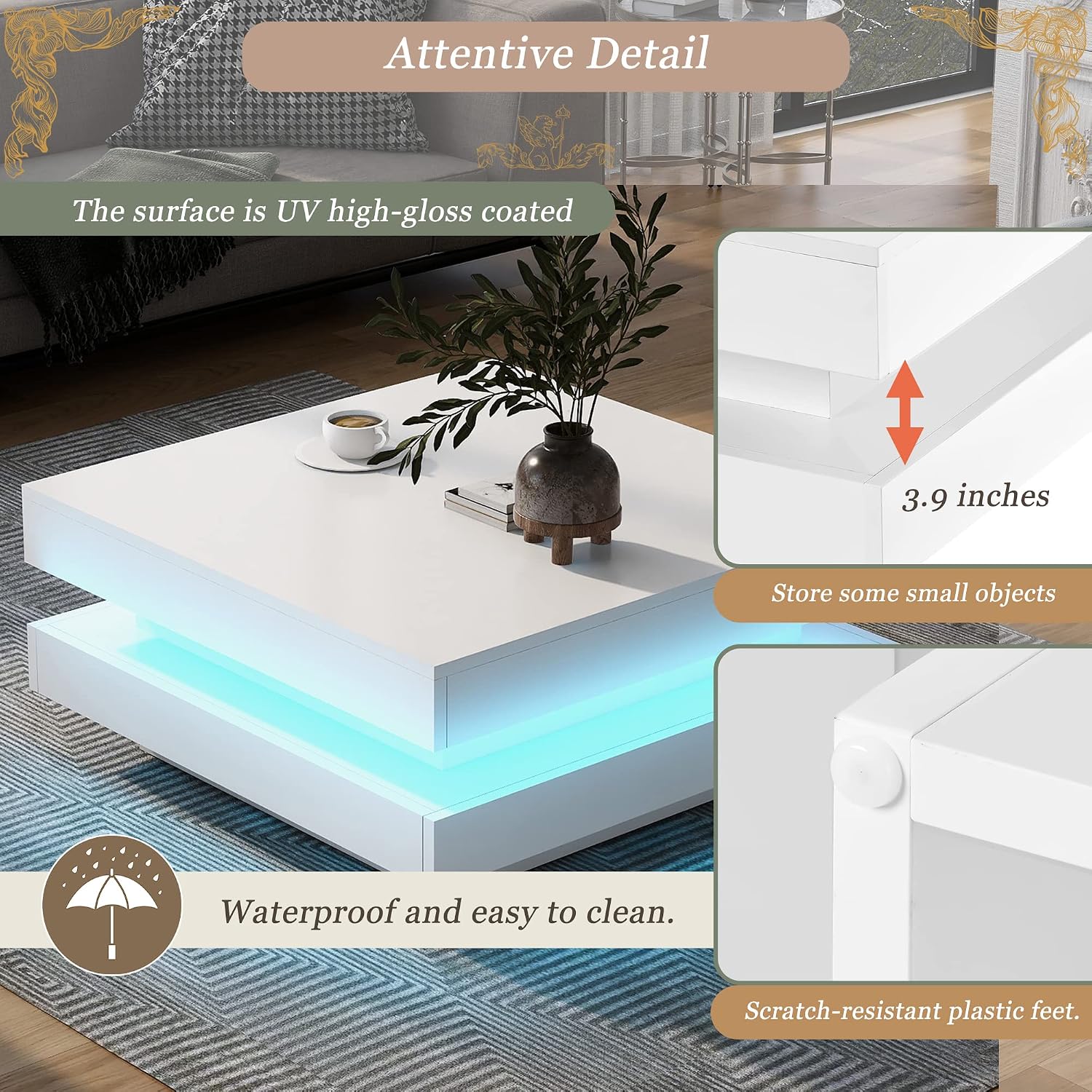 Square Coffee Table, Modern High Gloss White Coffee Table with Plug-in 16-Color LED Lights, 2-Tier Center Table for Living Room, White