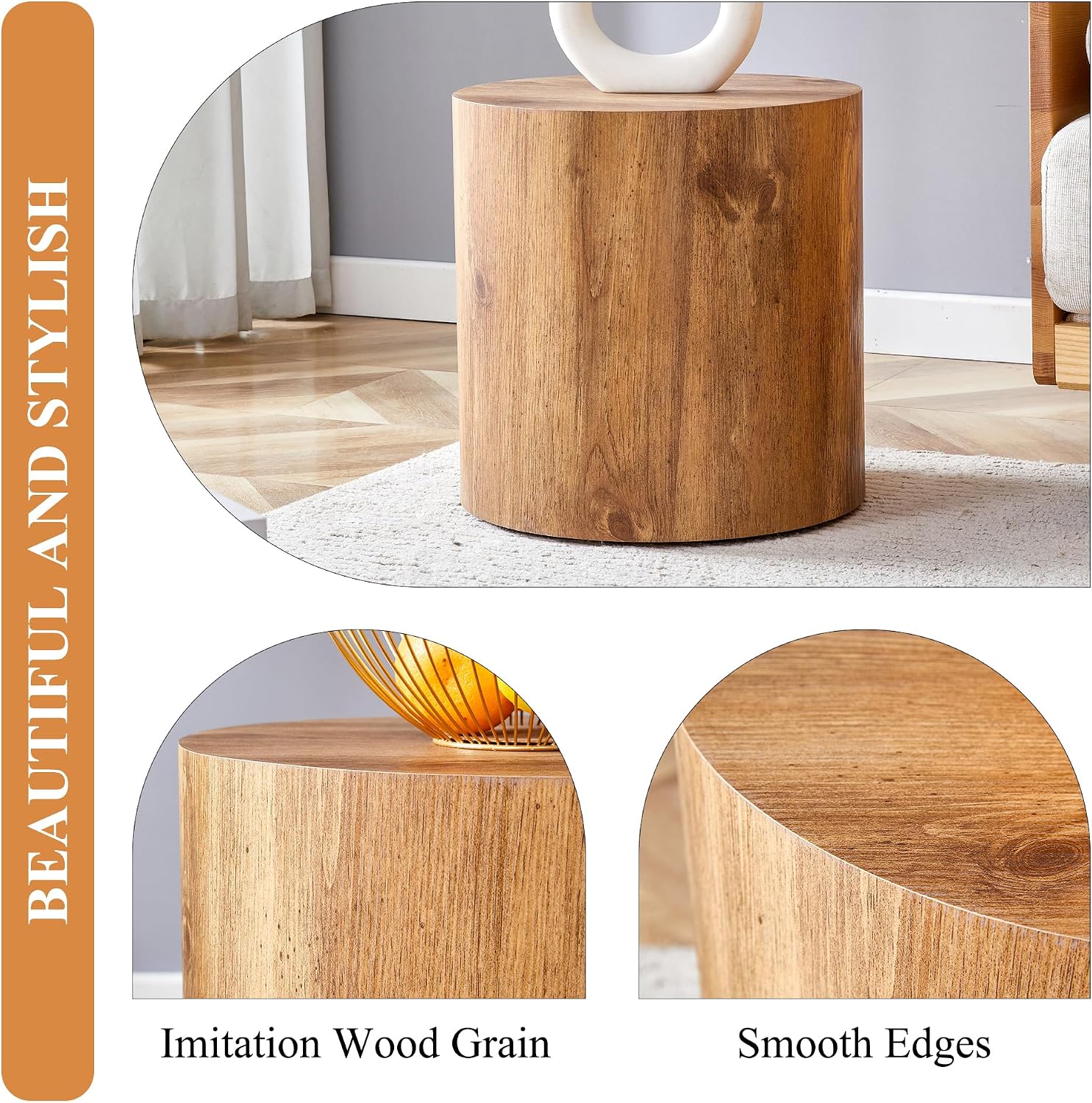 WILLIAMSPACE 15.7' Round End Table for Living Room, Modern Drum Circle Wood Small Coffee Table Side Table for Small Spaces, Nightstand Sofa Table for Apartment, ø15.7'*15.7'H (Wood Color)