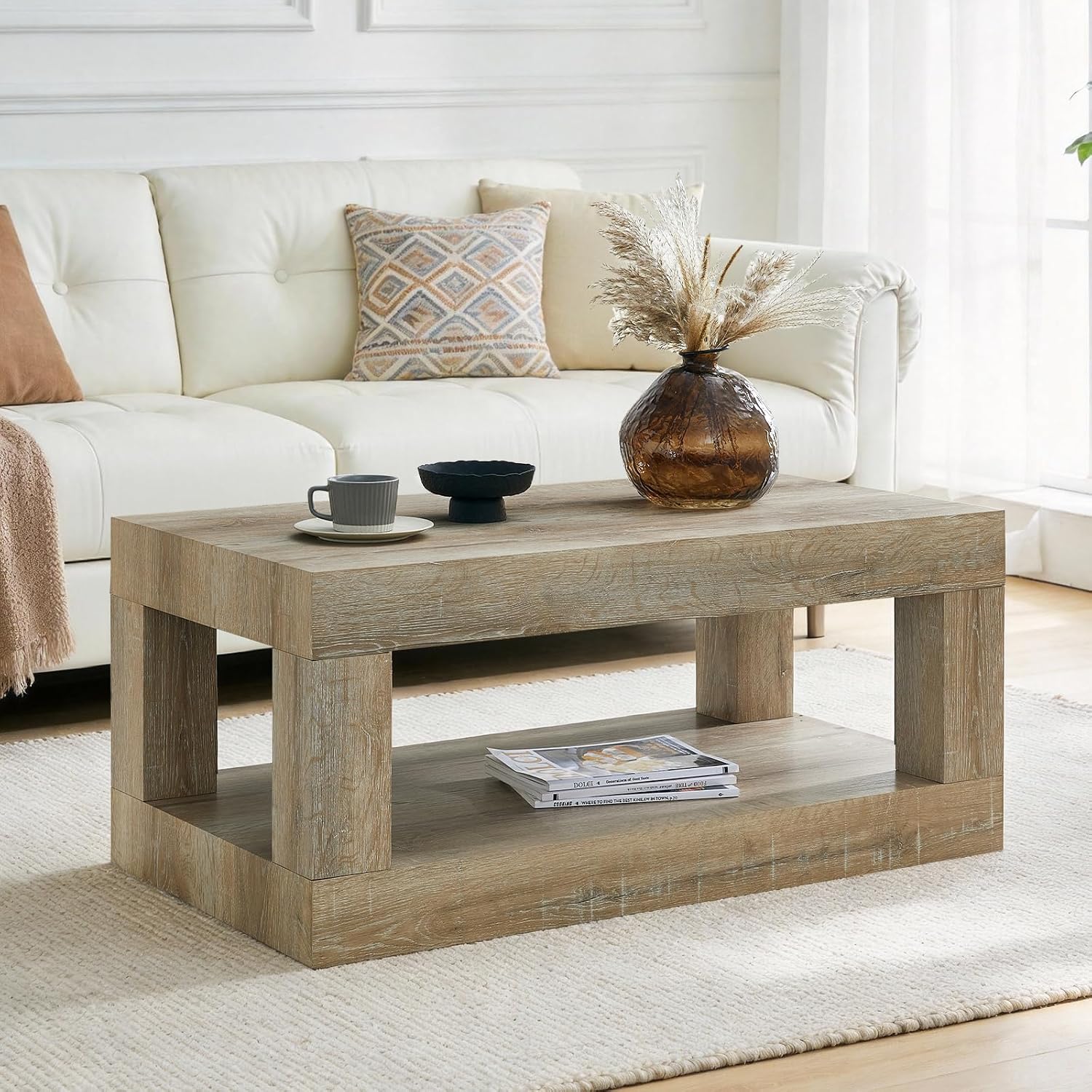 LKTART 39.37' Coffee Table with Storage, 2-Tier Mid Century Rectangular Accent Table with Thick Tabletop, Rustic Style Cocktail, Center Table for Living Room, Office, Apartment (Antique Natural)