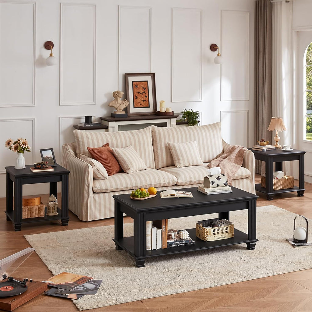 SAVOR LIFE Farmhouse Coffee Table Set of 3,Rustic Wooden Living Room Table Set,Large Coffee/End Side Tables with Open Shelf for Living Room,Black