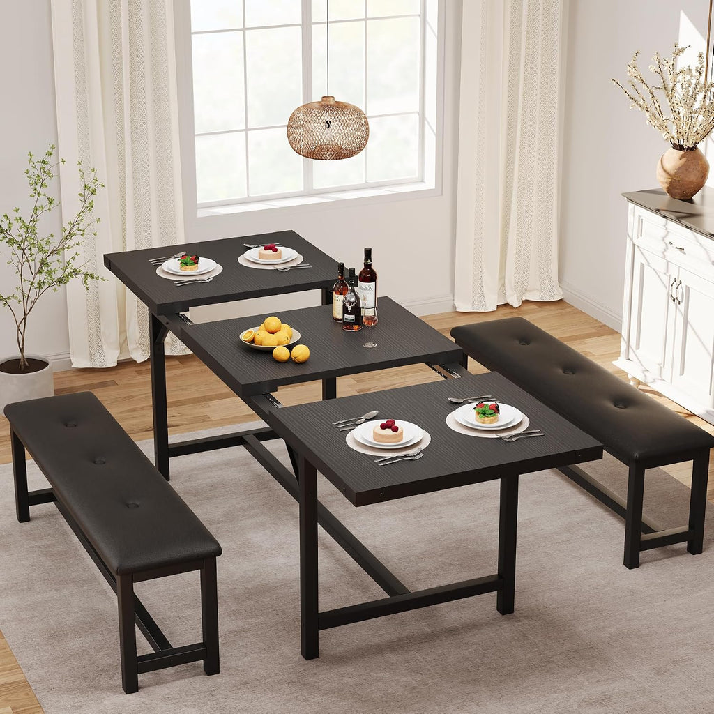 IDEALHOUSE 3 Piece Dining Table Set for 4-6, 63' Extendable Thick Metal Frame Kitchen Table with 2 Upholstered Benches Set for 6, Rectangle Wooden Dinette Table Set for Dining, Apartment, Retro Black
