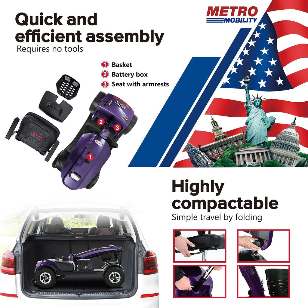 Metro Mobility - New 4 Wheel Outdoor Mobility Scooter - Adult Scooter 300lbs Foldable - Battery - 20V20AH*2pcs, Max Range 16 Miles (Purple)