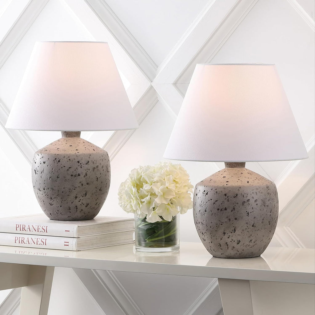 JONATHAN Y 18' Antique Gray Modern Concrete Effect Table Lamp Set of 2, Scandinavian Bedside Lamps for Bedroom Living Room, White Linen Shade, LED Bulbs Included JYL5606A-SET2