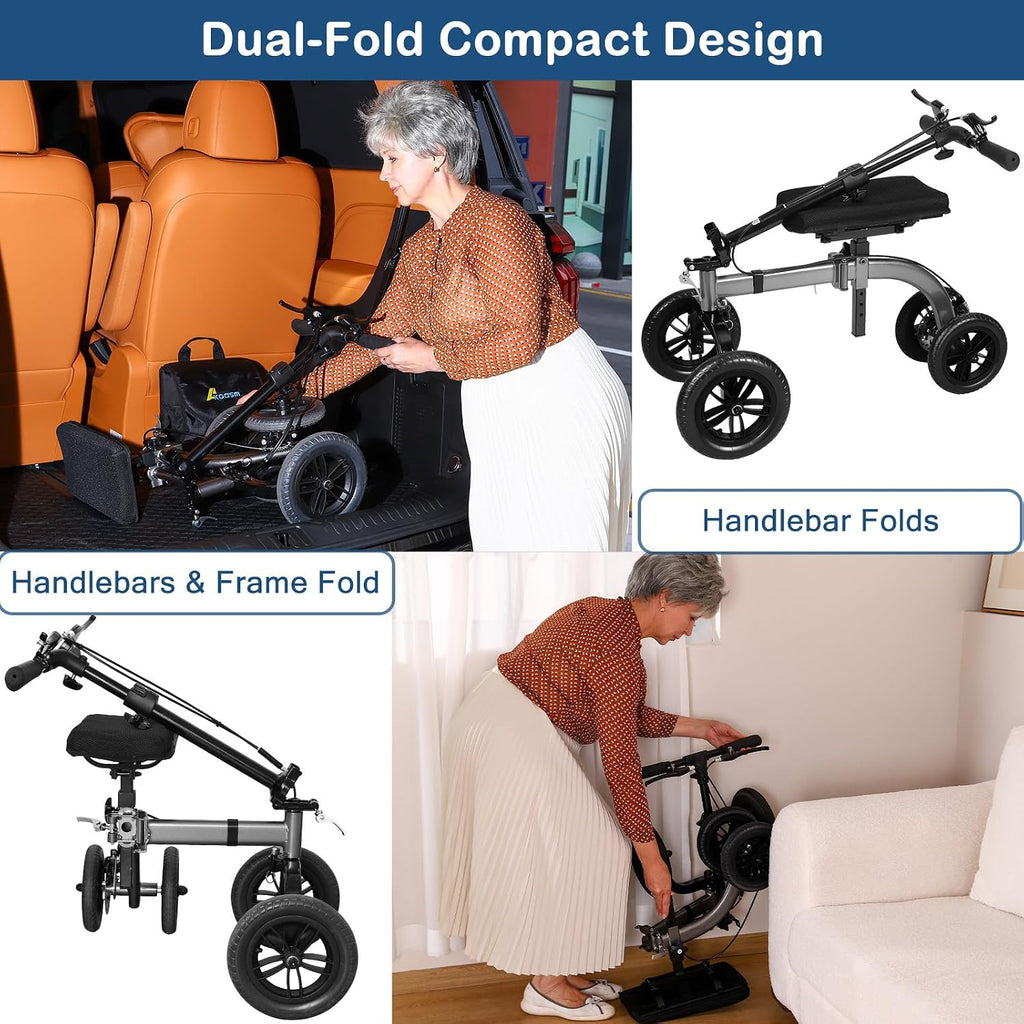 Foldable All Terrain Knee Scooter for Adults Foot Surgery Adjustable Height | 300lb Capacity, 21lb Lightweight, 10' Front & 8' Rear Wheel, Dual Brake, for Foot Injuries Compact Crutch Alternative, Grey