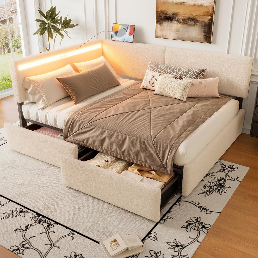 Twin Size Boucle Corner Day Bed Frame with Upholstered Headboard, L-Shaped Daybed with USB Ports, Storage Drawers and Tufted Back, No Box Spring Needed, for Bedroom, Livingroom, Beige