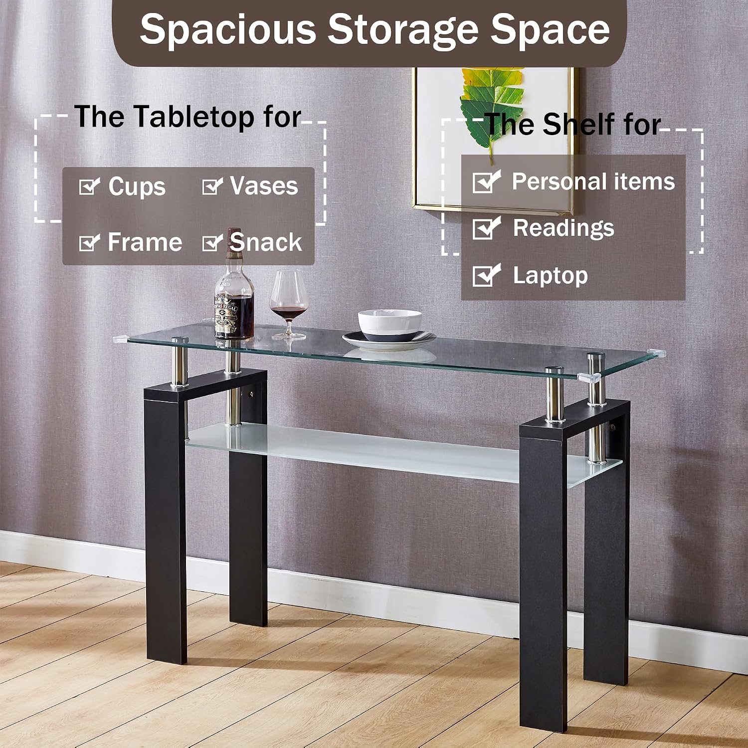 47' Glass 2-Tier Console Table, Modern Rectangle Sofa Table with Metal Frame and Tempered Glass Shelf, Accent Narrow Table for Entryway Living Room, Bedroom