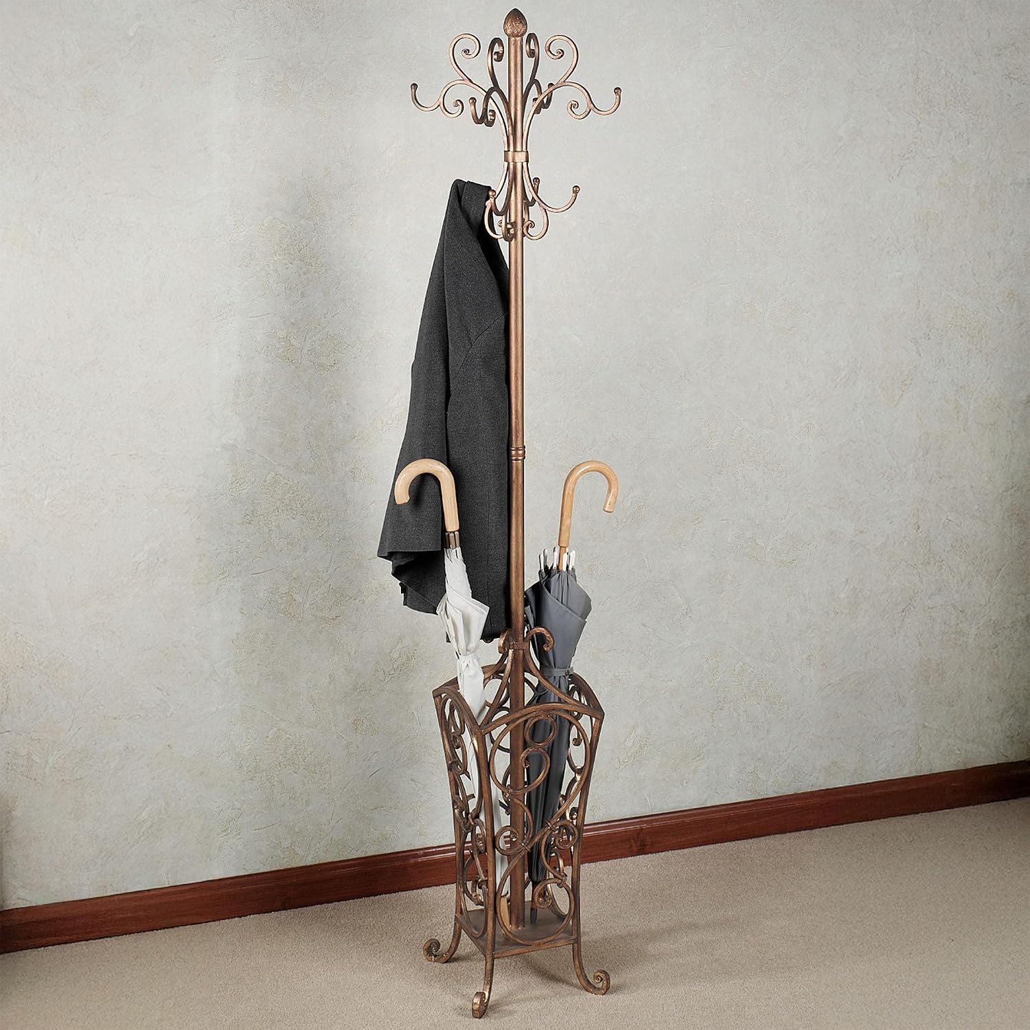 Touch of Class Kensington Coat and Hat Rack Stand, Antique Gold Finish | Metal Rack, Scrollwork Design, Eight Hanging Hooks, Bottom Umbrella Basket, Entryway Organization Solution