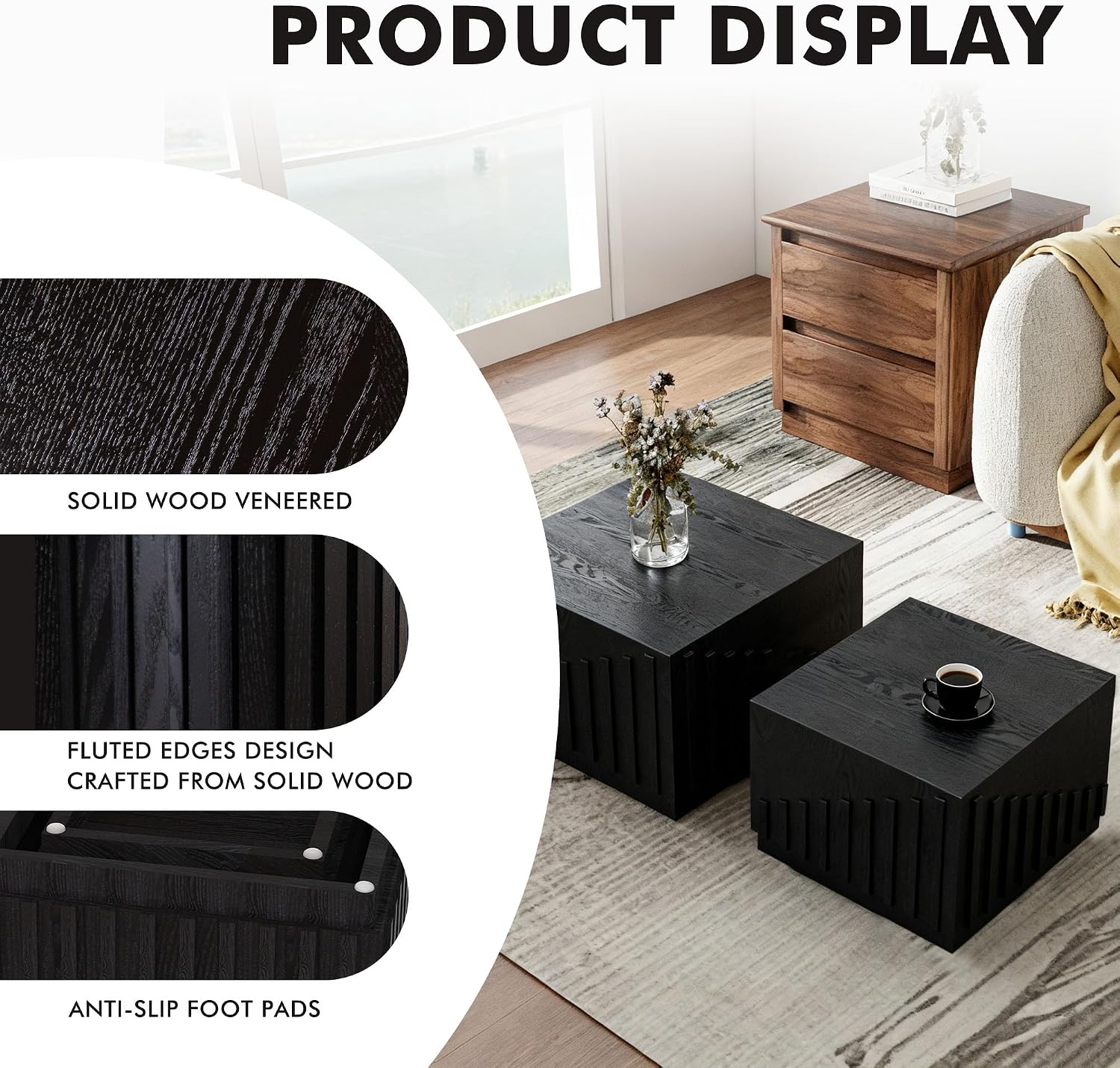 Black Nesting Tables for Living Room, Set of 2, Square Nesting Coffee Table Farmhouse Wooden Fluted Coffee Table, Modern Small Center Table End Side Table for Small Spaces Bedroom Balcony Office