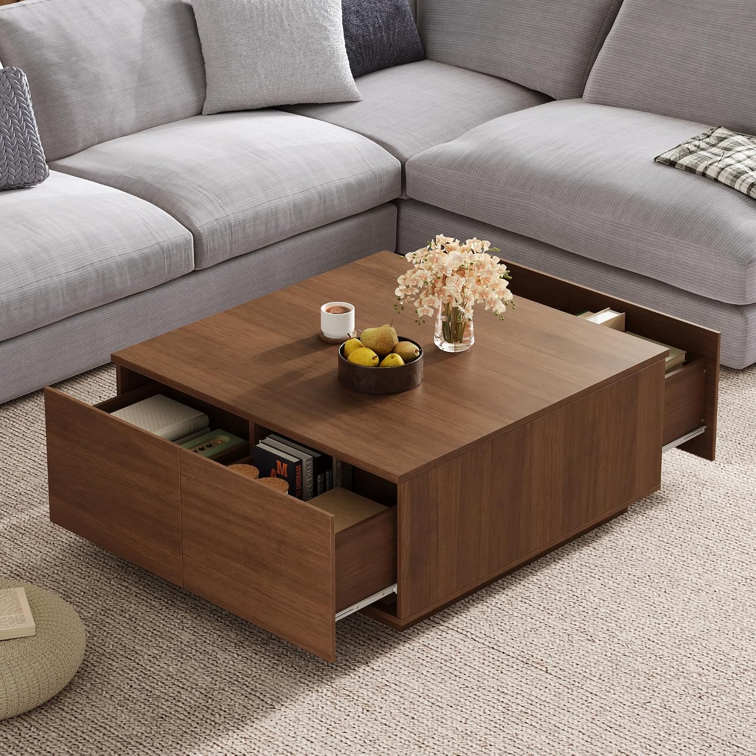 SSLine Square Coffee Table with 4 Storage Drawers,33.2-Inch Walnut Wooden Coffee Table for Living Room Minimalist Cocktail Center Tables for Small Space