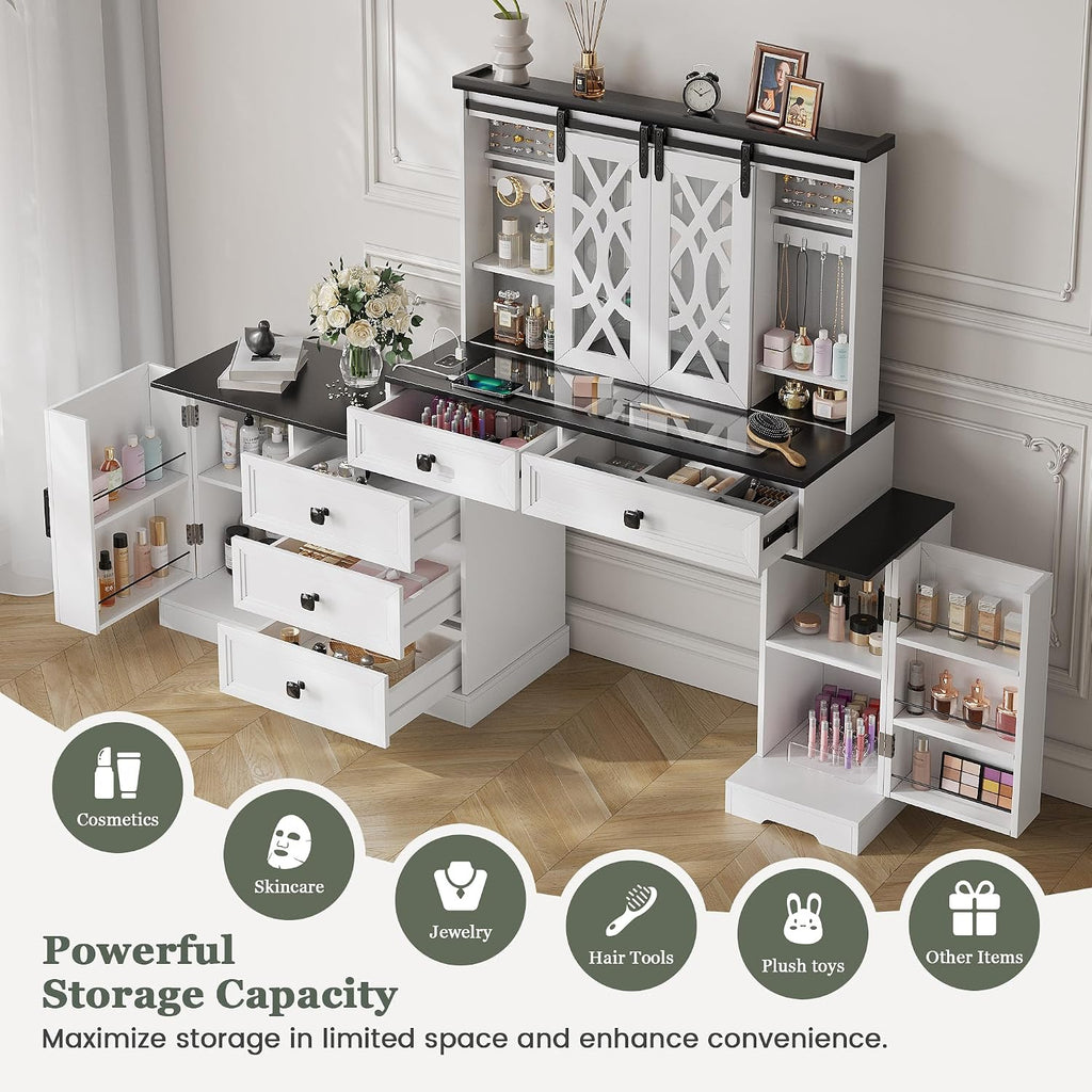 Farmhouse Makeup Vanity with Mirror & Lights, Large Vanity Desk with 5 Drawers & 9 Storage Shelves, Dressing Table with Jewelry Armoire, Vanity Gifts for Wife Girlfriends Women Lady Girl, White