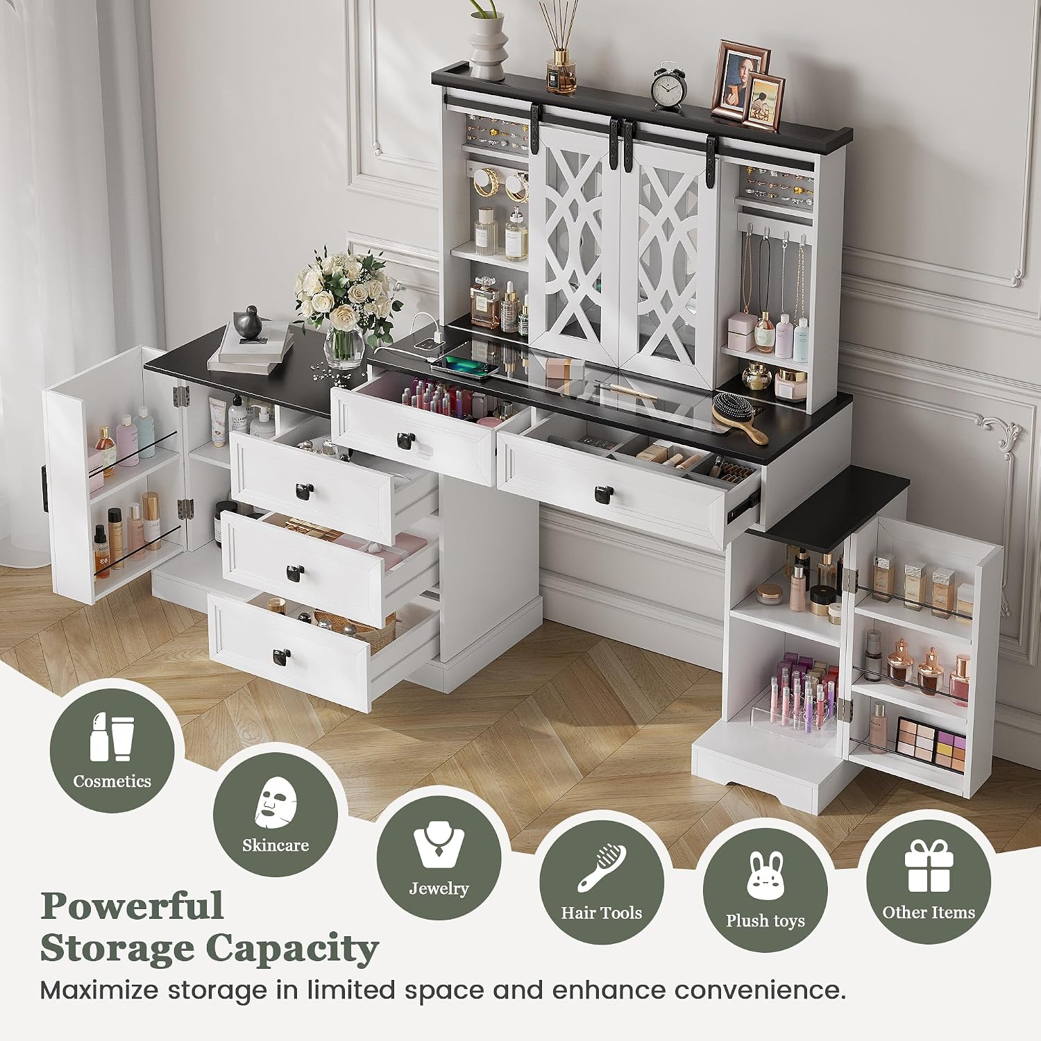 Farmhouse Makeup Vanity with Mirror & Lights, Large Vanity Desk with 5 Drawers & 9 Storage Shelves, Dressing Table with Jewelry Armoire, Vanity Gifts for Wife Girlfriends Women Lady Girl, White