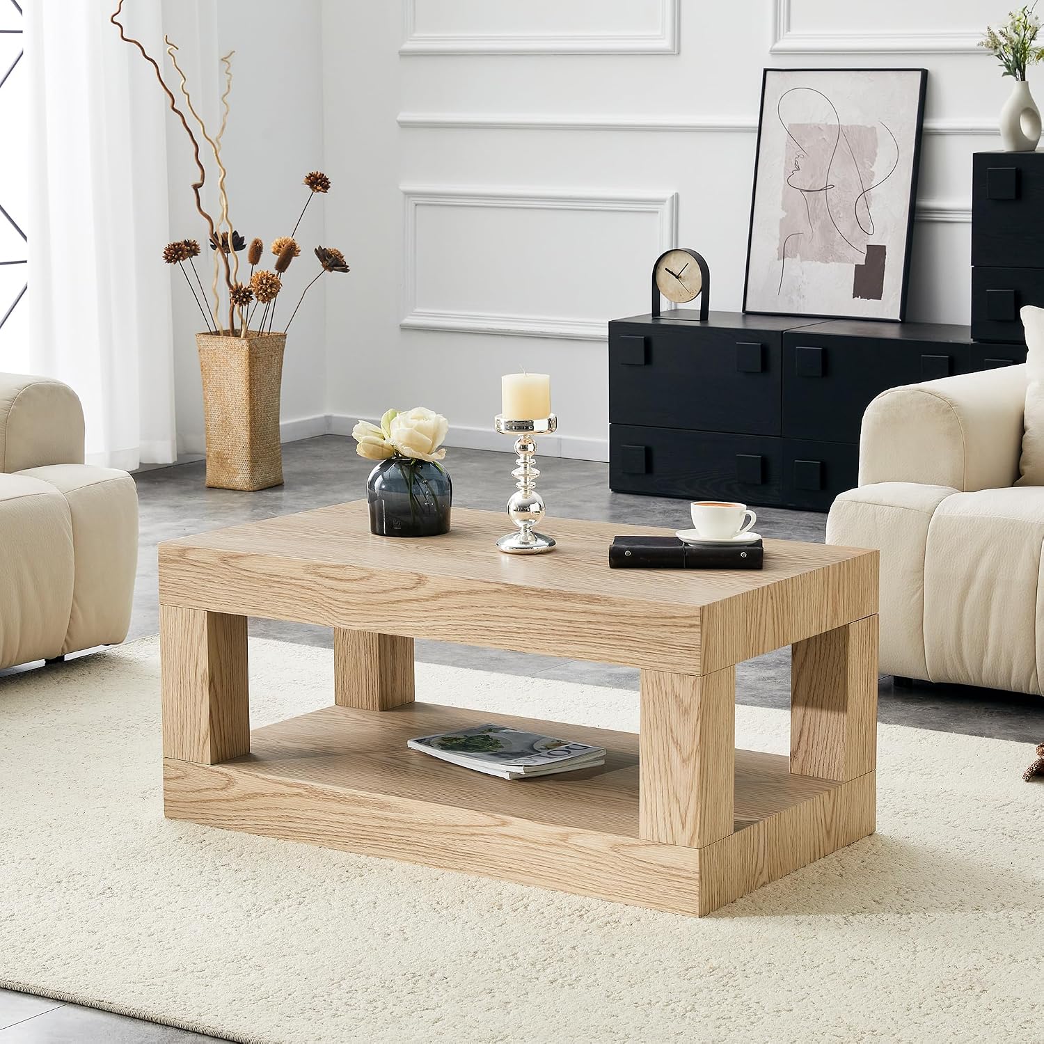 39.4' Coffee Table with Storage, 2-Tier Wood Coffee Table with 4' Thick Tabletop, Mid Century Modern Cocktail Center Tea Tables with Bottom Shelf for Living Room, Office, Apartment,Light Wood