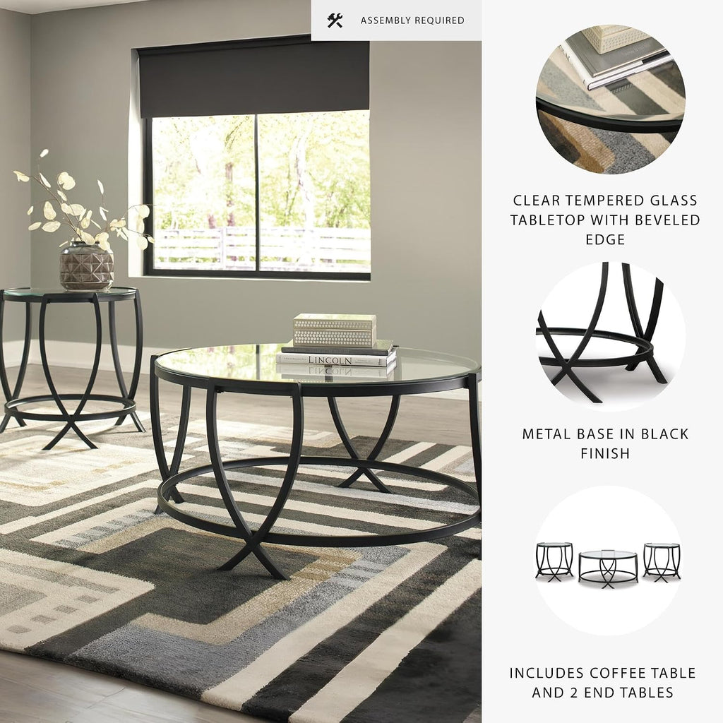 Signature Design by Ashley Tarrin Contemporary Glass Top Round 3-Piece Table Set, Includes Coffee Table and 2 End Tables, Black