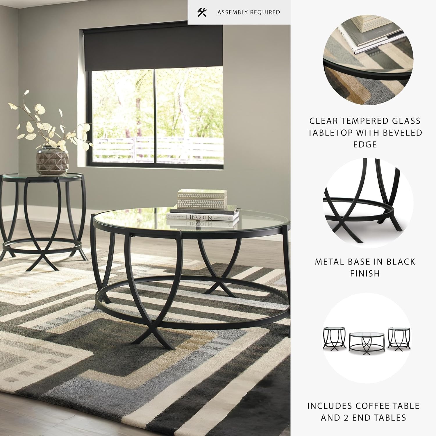 Signature Design by Ashley Tarrin Contemporary Glass Top Round 3-Piece Table Set, Includes Coffee Table and 2 End Tables, Black
