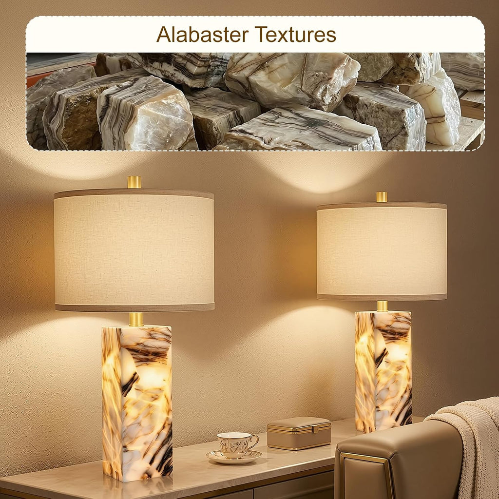Scenekoy 23' Modern Alabaster Table Lamps Set of 2 with Night Light for Bedroom, Rotary Switch, Bedside Lamp with Linen Shade, Brown Table Lamp for Living Room Nightstand Office (Bulb Included)