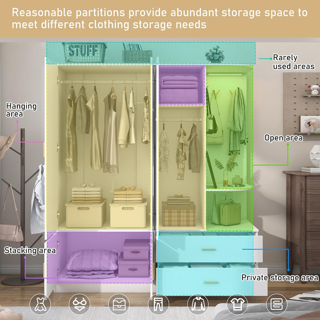 XVD Armoire Wardrobe Closet with Mirror & Sensor Light, Bedroom Armoire with 5 Doors & 2 Drawers, Modern Wooden Large Wardrobe Closet with Shelves, 4 Metal Hooks, 2 Hanging Roods, Open Space, White