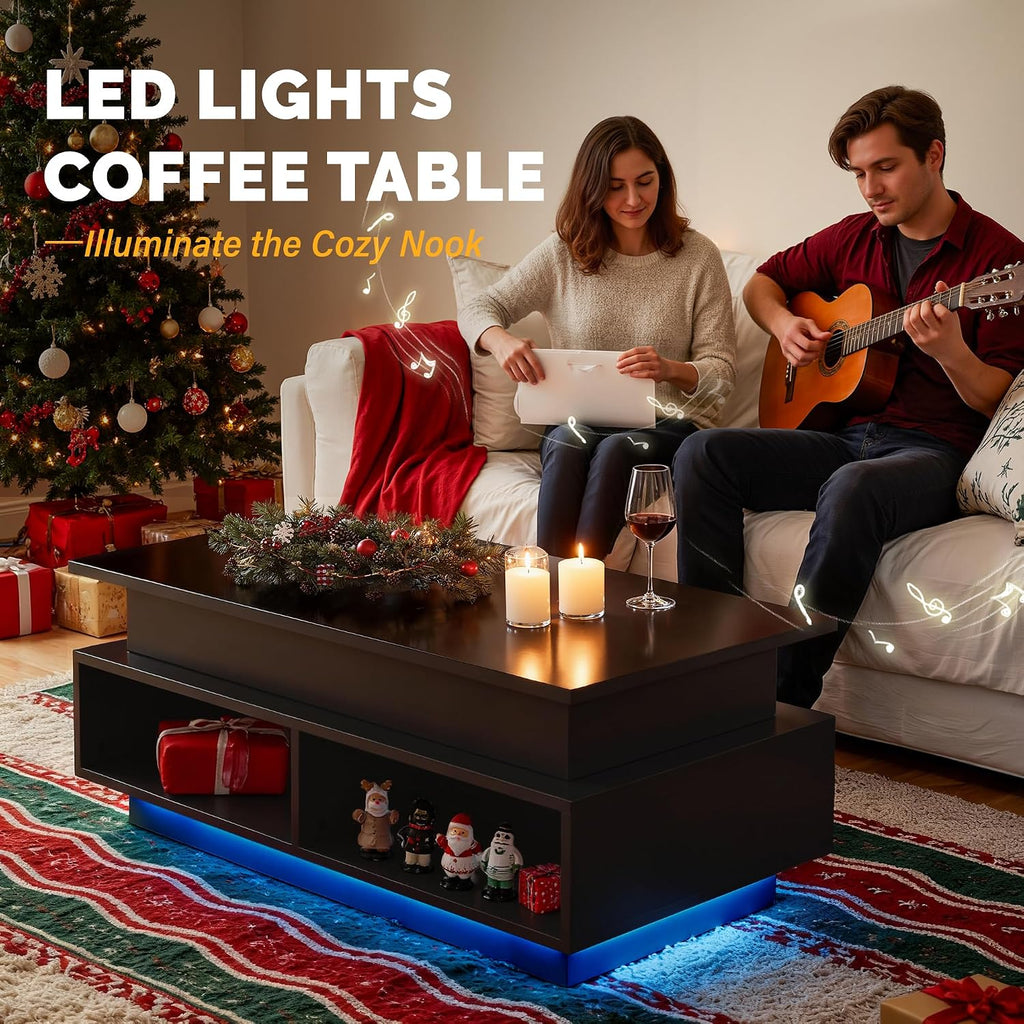 YESHOMY 40' Lift Top Coffee Table with Hidden Storage & Multi-Color LED Lights, Modern Square Wood Table with 4 Open Shelves for Living Room and Small Space, Black
