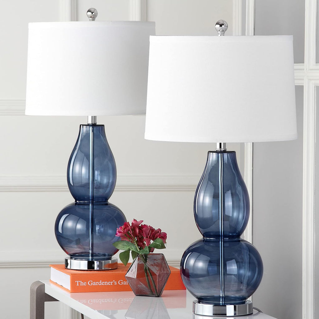 SAFAVIEH Lighting Collection Mercurio Blue Glass Double Gourd 28-inch Table Lamp Set of 2 with USB Charging Port (LED Bulbs Included)