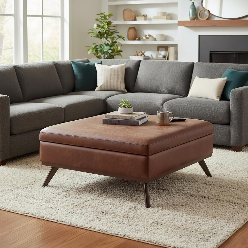 SIMPLIHOME Owen XL Coffee Table Storage Ottoman - 40 inch Wide Upholstered Vegan Leather Square Ottoman in Distressed Pecan Brown, Mid-Century Modern Ottoman for Living Room with Lift-Up Lid