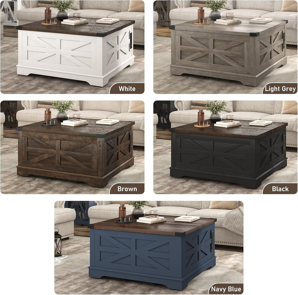 Hlivelood 36' Farmhouse Movable Lift Top Coffee Table with Storage and Power Outlets, Square Wood Living Room Tables with Wheels&Large Hidden Space, Lift Wooden Barn Door Center Table, Black