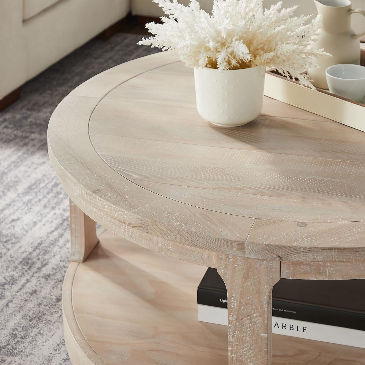 WILLIAMSPACE 40' Round Coffee Table with Wheels, Circle 2 Tier Solid Wood Center Coffee Table, Mid Century Retro Farmhouse Rounded End Table for Living Room Apartment, ø40 x 17.52' H (Oak)
