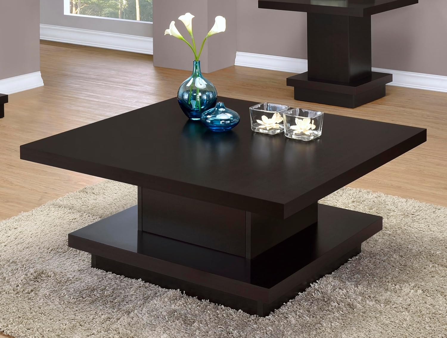Coaster Home Furnishings - Reston - 41-Inch Square Engineered Wood Coffee Table with Cappuccino Finish, Geometric Design, Scratch-Resistant Laminate Veneer - Living Room - Cappuccino - 705168